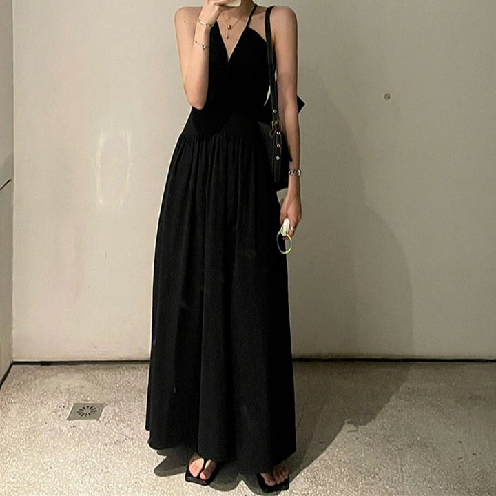 Black Drop Waist A-Line Halter Dress