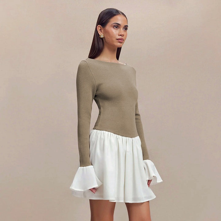 Brown Broad Neck Full Sleeves Fitted Dress