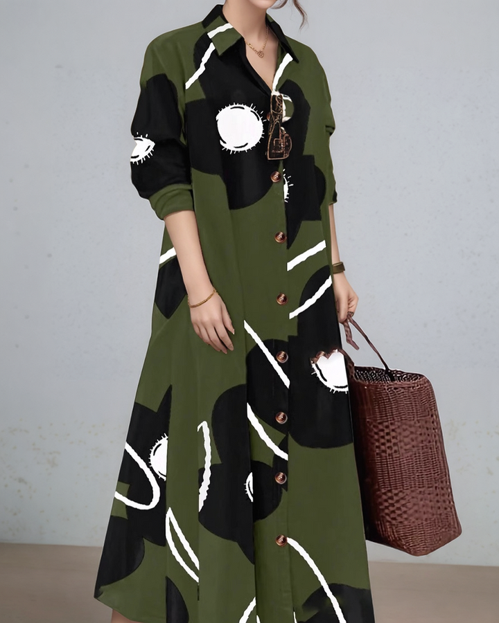 Olive Three- Fourth Sleeve Collared Neck Printed Dress