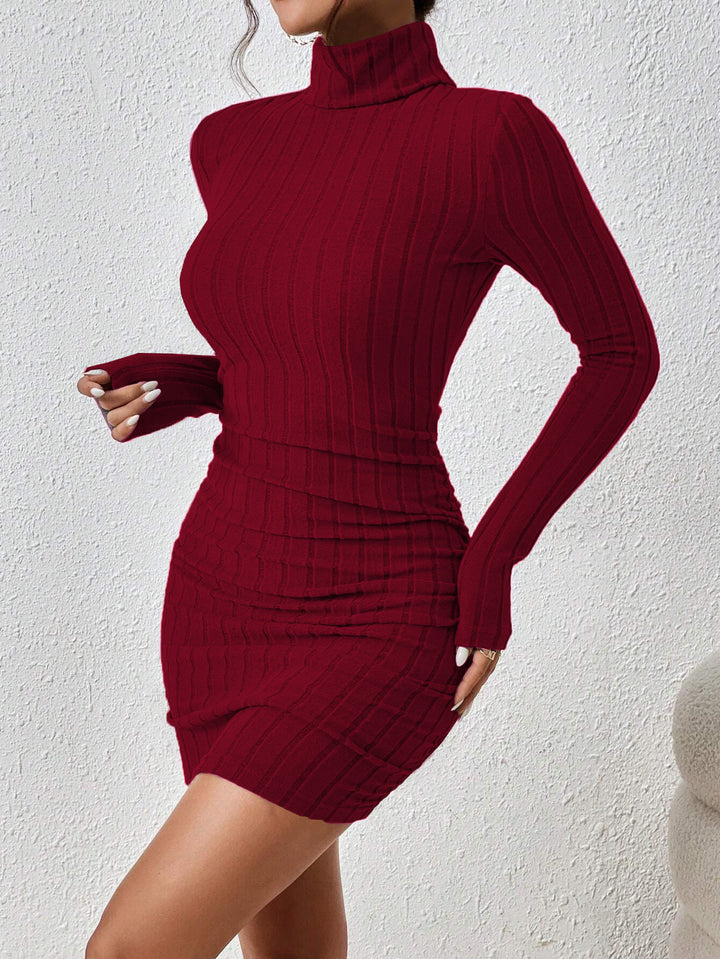 Wine Full Sleeved High Neck Bodycon Dress