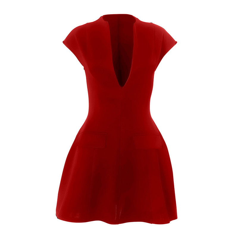 Red High Neck Cap Sleeve Skater Dress