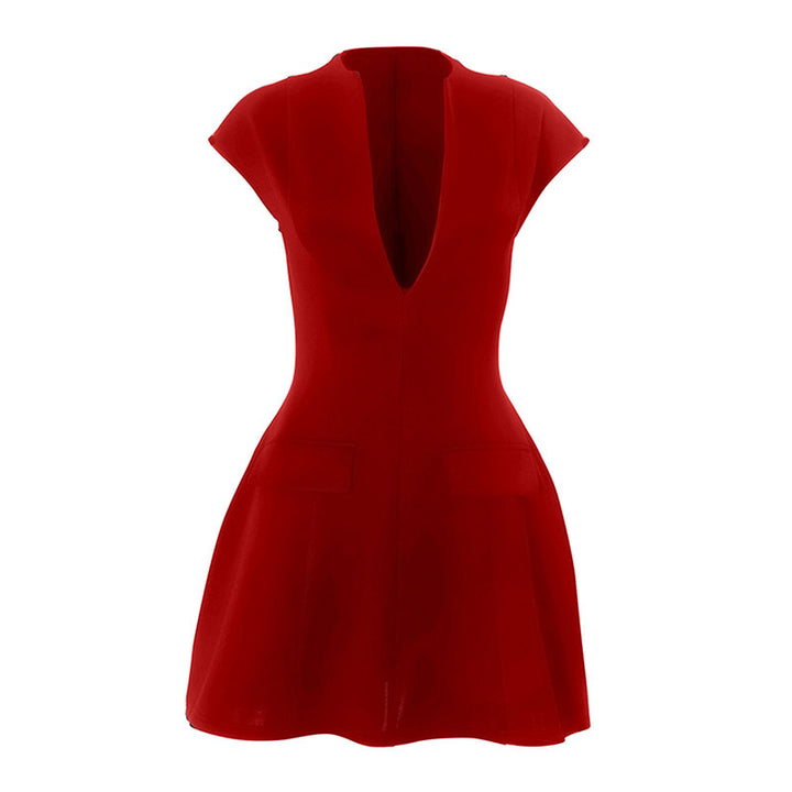 Red High Neck Cap Sleeve Skater Dress