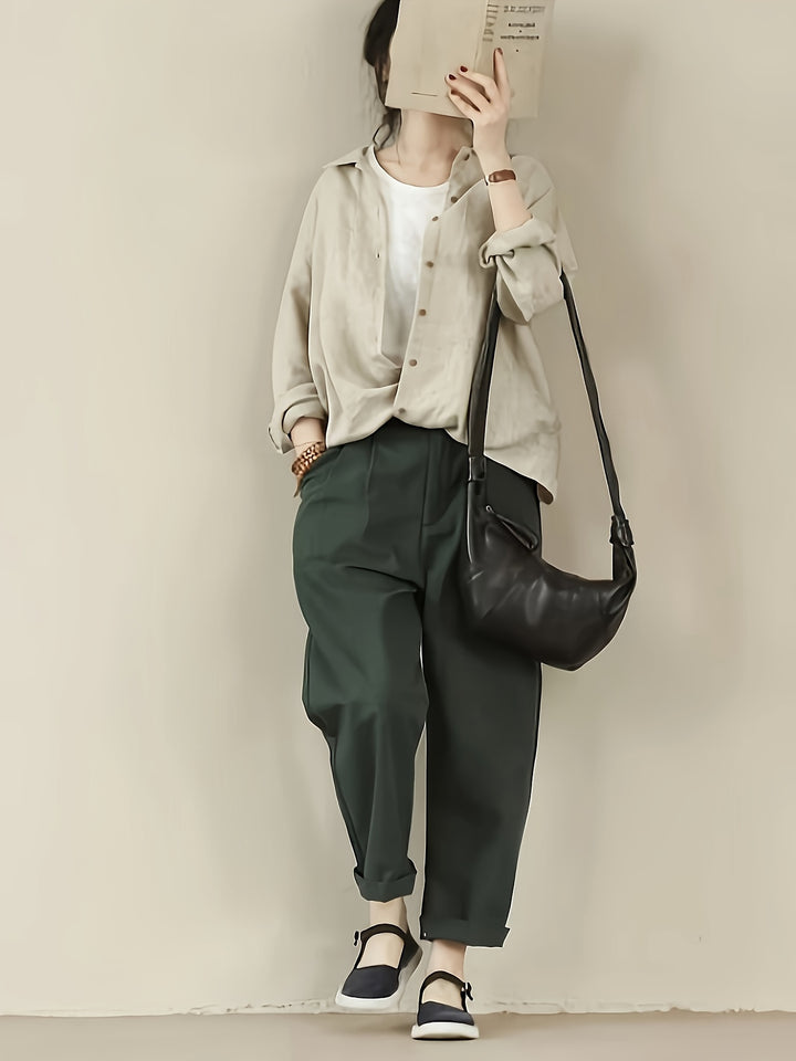 Relaxed Textured Button Down Khaki Shirt