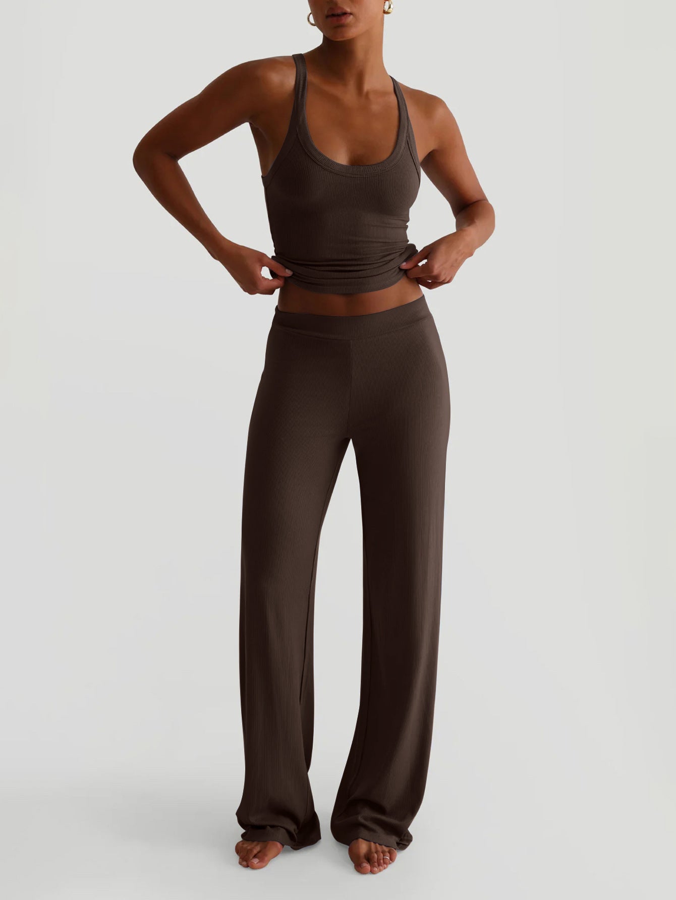 Brown Shoulder Strap Solid Top And Pant Set