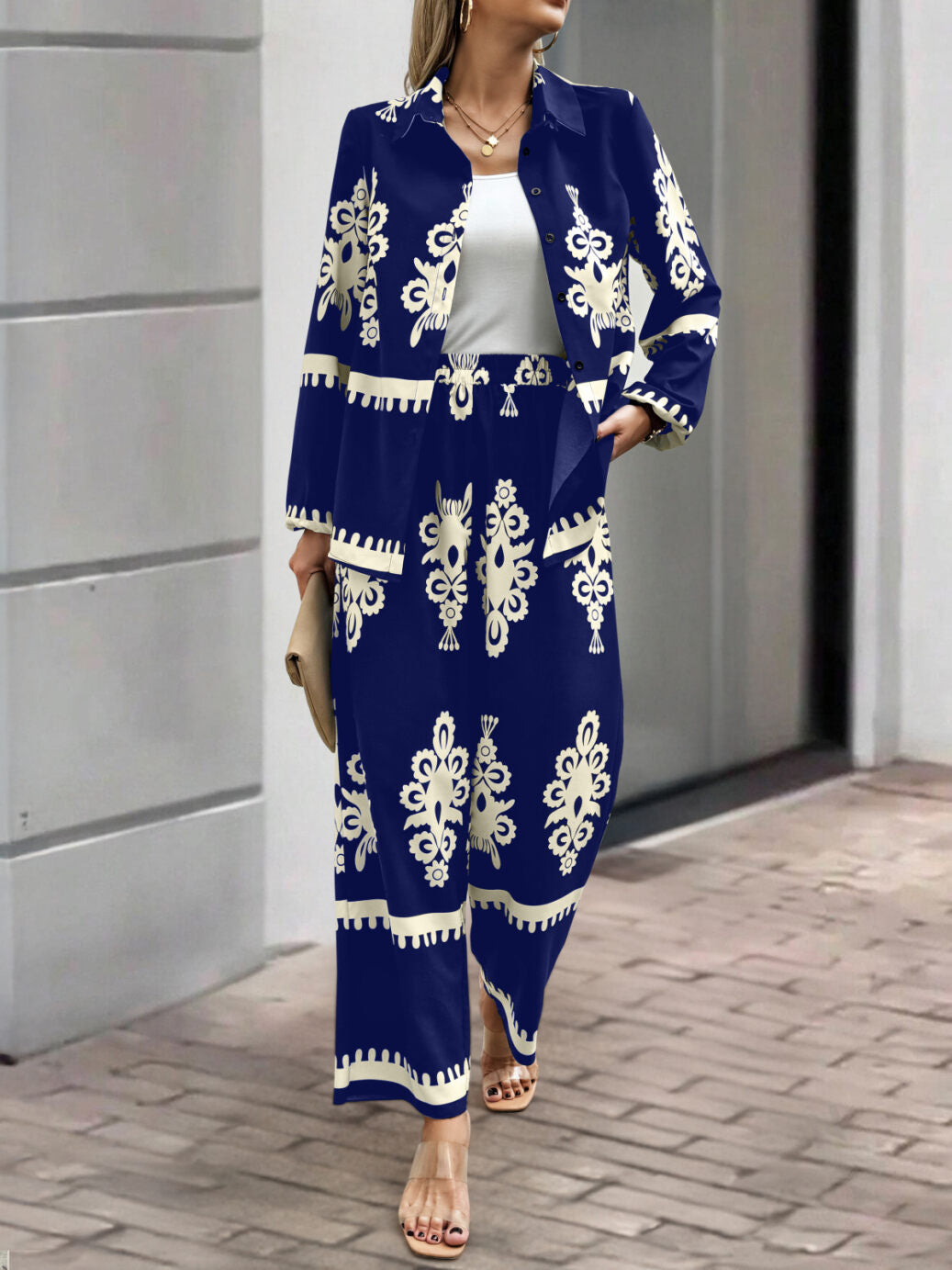 Blue Placement Print Shirt Trouser Co-ord Set
