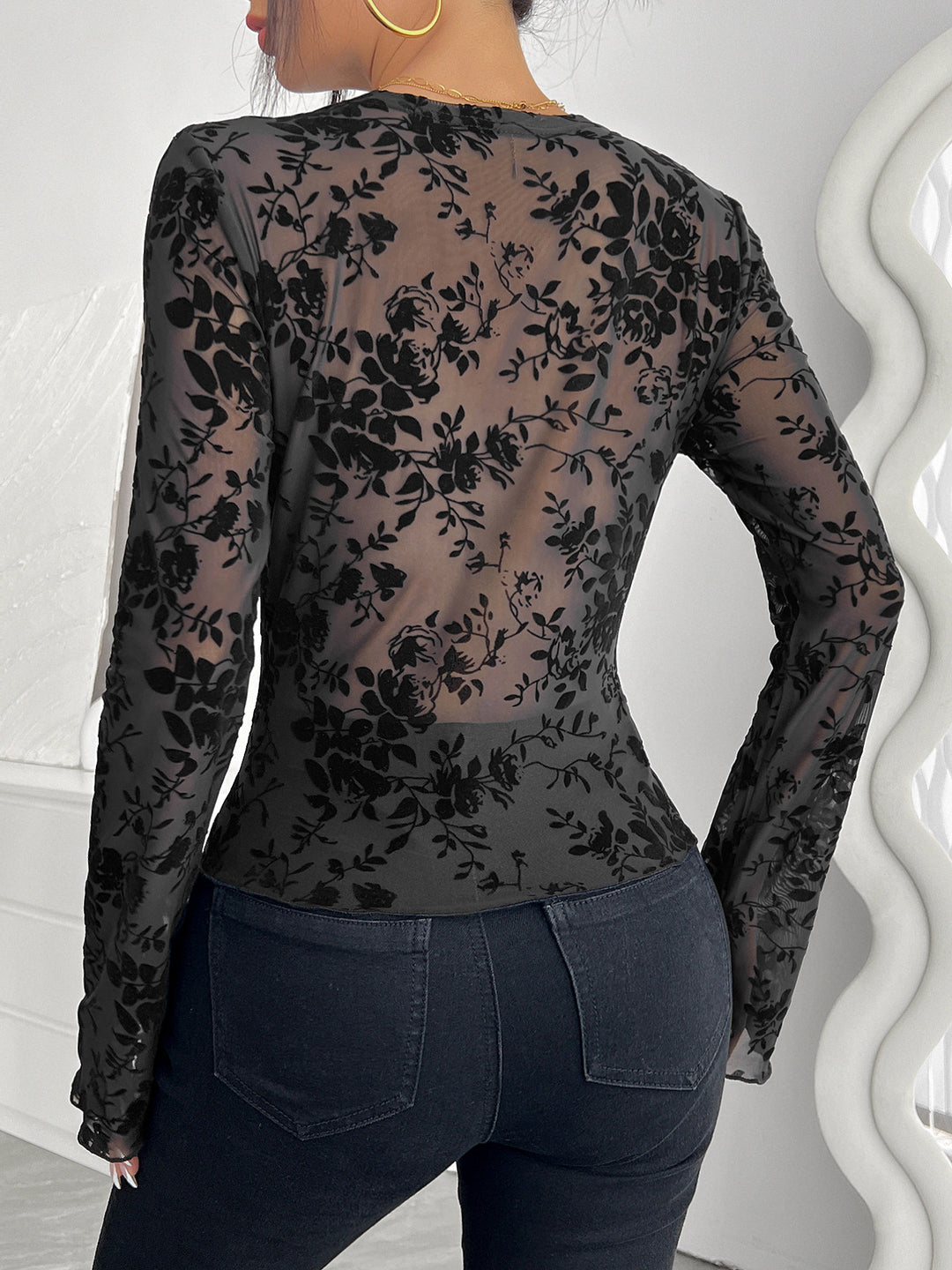 Black Bell Sleeve Printed Top