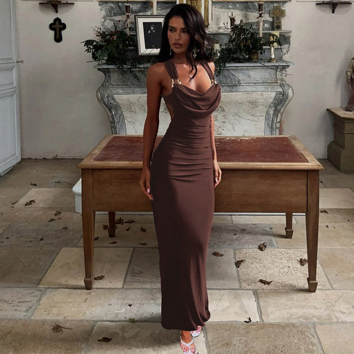 Brown Cowl Neck Ruched A-Line Maxi Dress