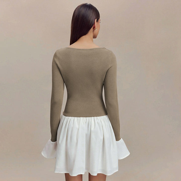 Brown Broad Neck Full Sleeves Fitted Dress