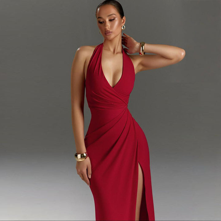 Red Halter Neck Solid Dress