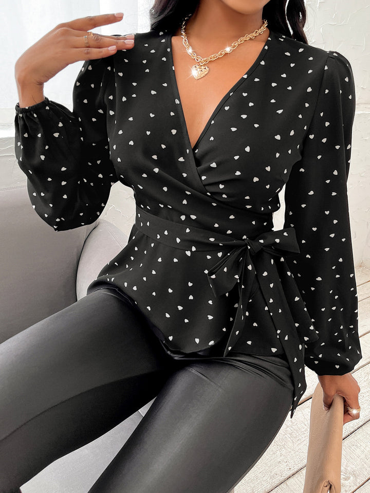 Black Puff Sleeve V Neck Belted Top