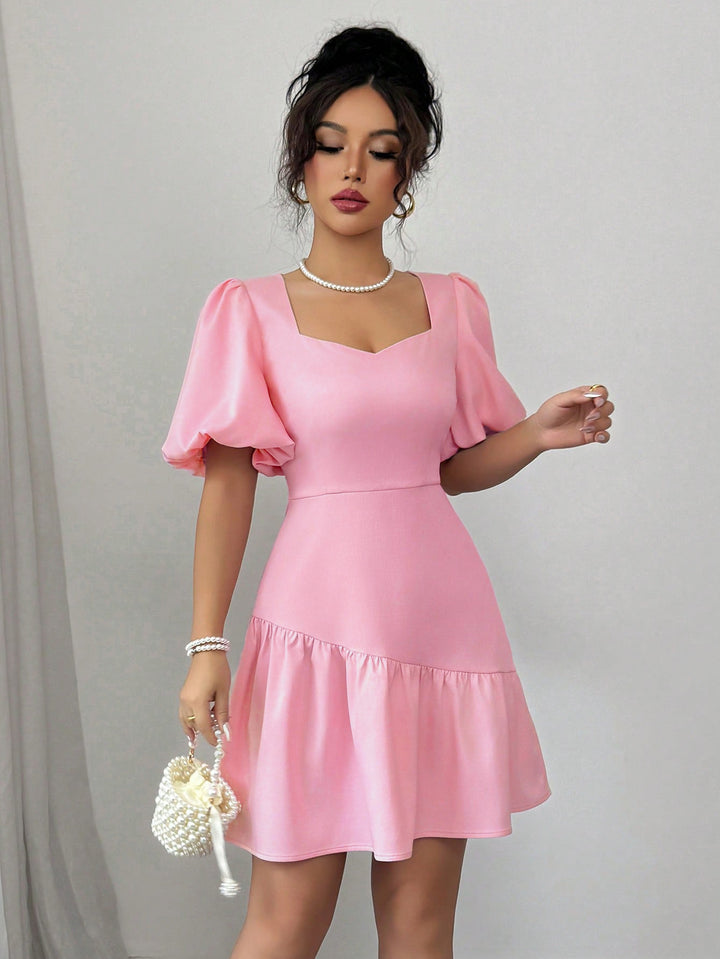 Pink Puff Sleeve Sweetheart Neck Dress