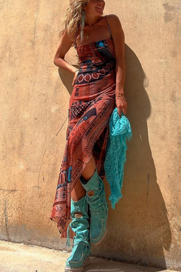 Red Spaghetti Strap Side Slit Dress