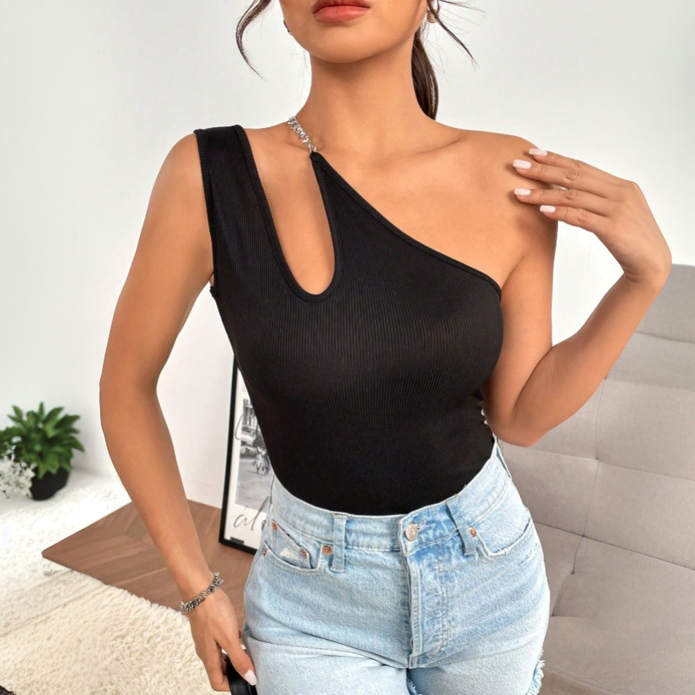 Black One Sleeve Neck Cut-Out Detail Top