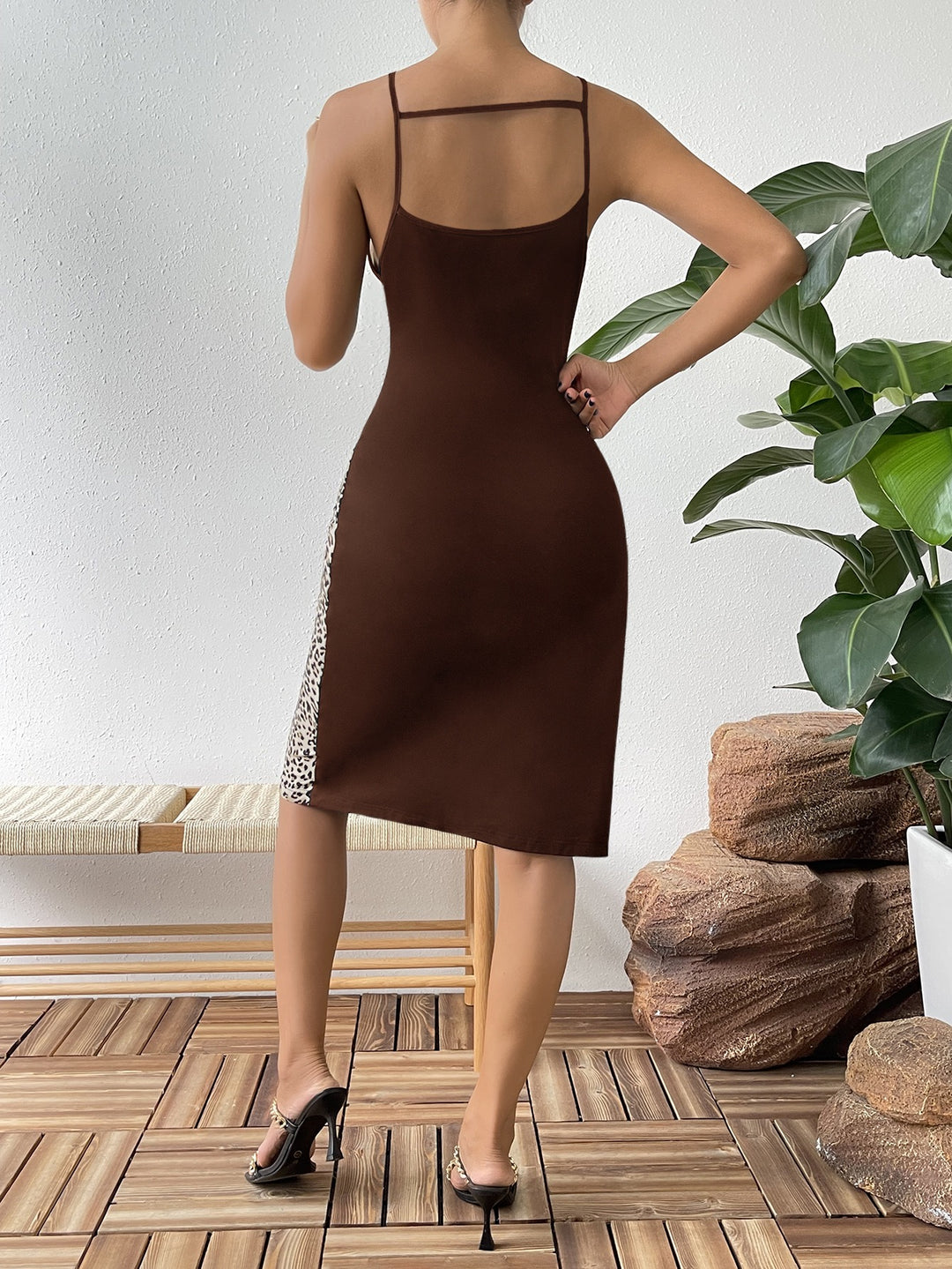 Brown Colour-Blocked Midi Dress