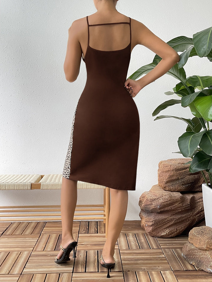 Brown Colour-Blocked Midi Dress