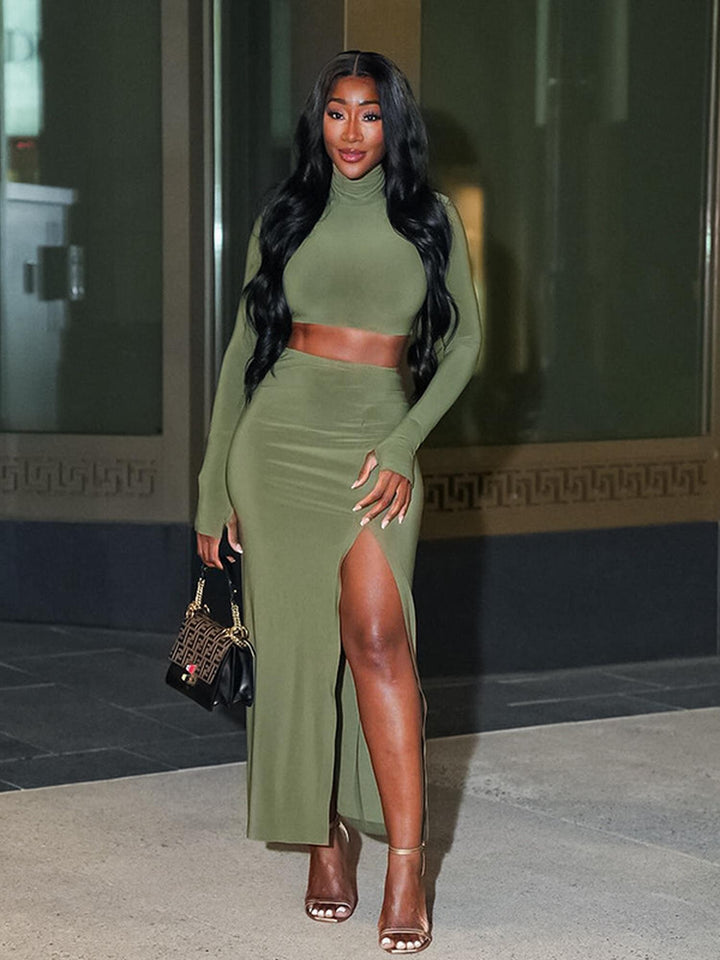 Green Long Sleeved Slit Skirt Set