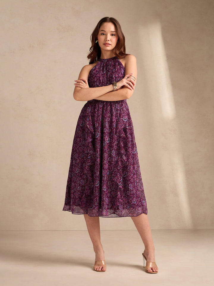 Purple High Neck Flared Dress With Delicate Floral Print