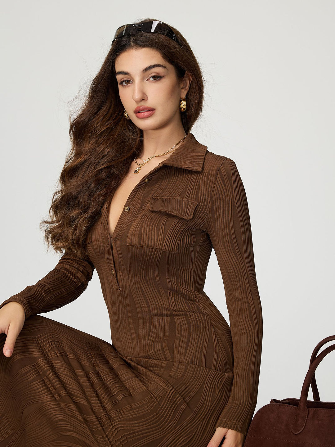 Brown Full Sleeve Collared Fitted Dress