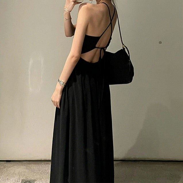 Black Drop Waist A-Line Halter Dress