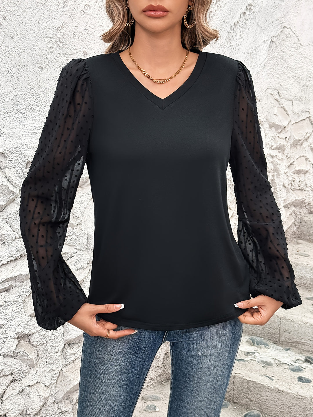 Black V Neck Top With Sheer Sleeves