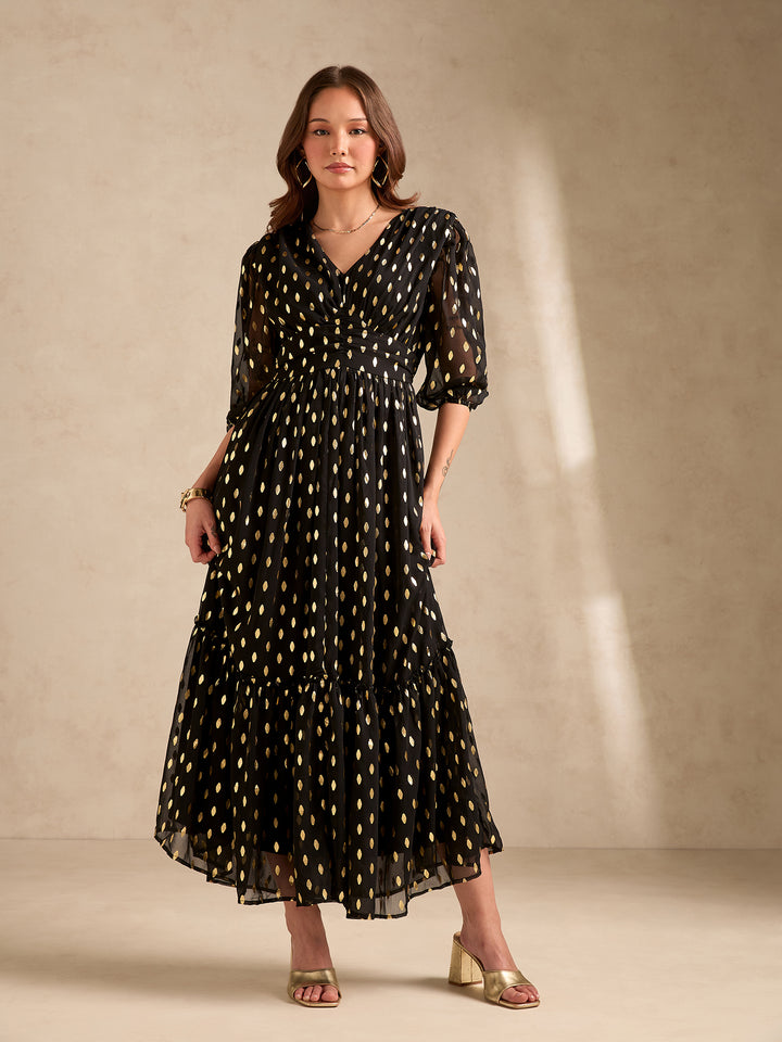 Black Evening Sinched Waist Tiered Dress