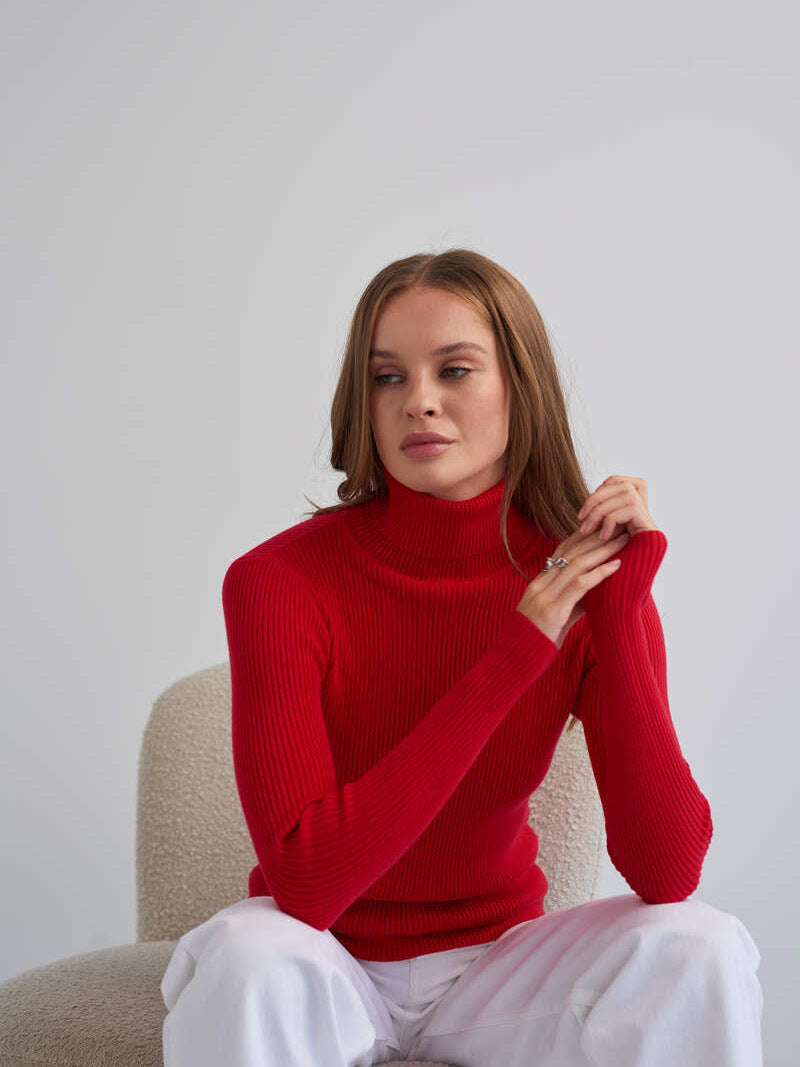 Red High Neck Fitted Sweater