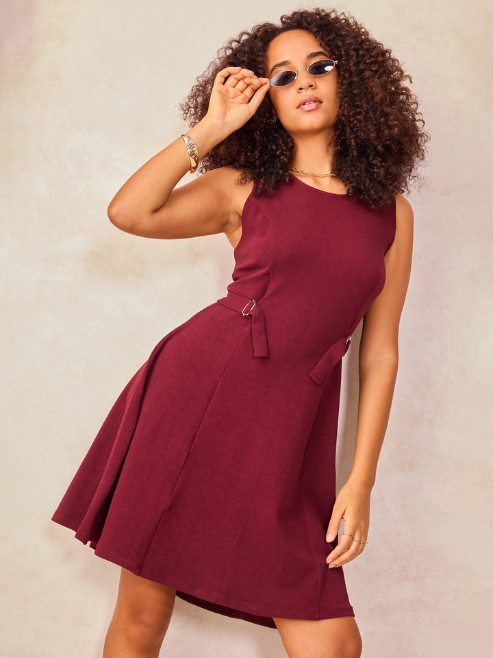 Wine Mini Flared Dress With Buckle Detail At Waist