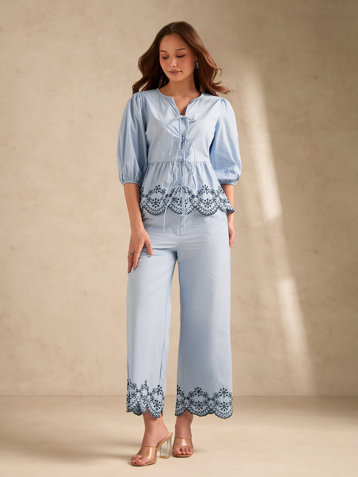 Blue Contrast Schiffli Regular Fit Shirt With Trouser
