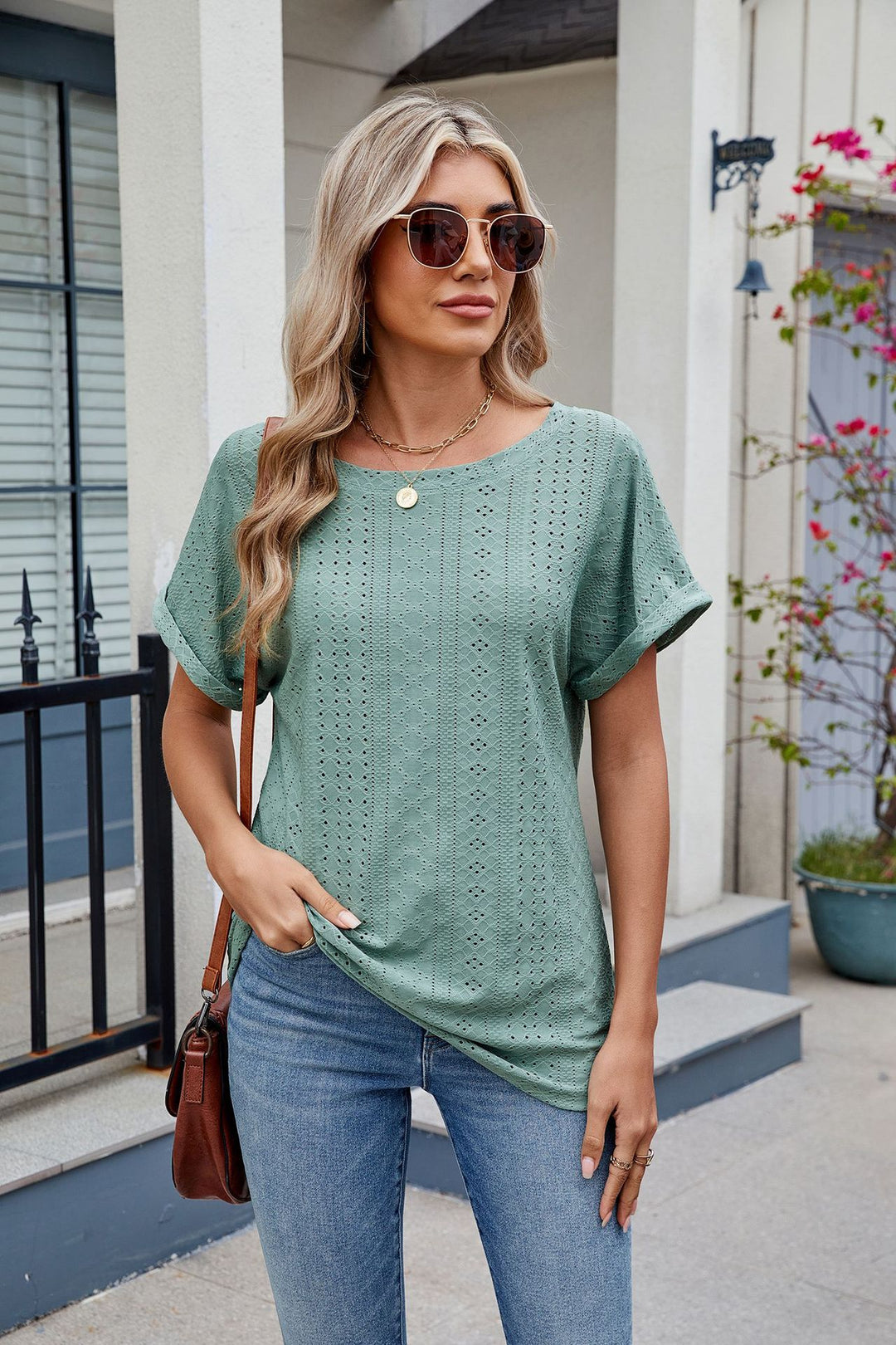 Sea Green Short Sleeve Round Neck Top