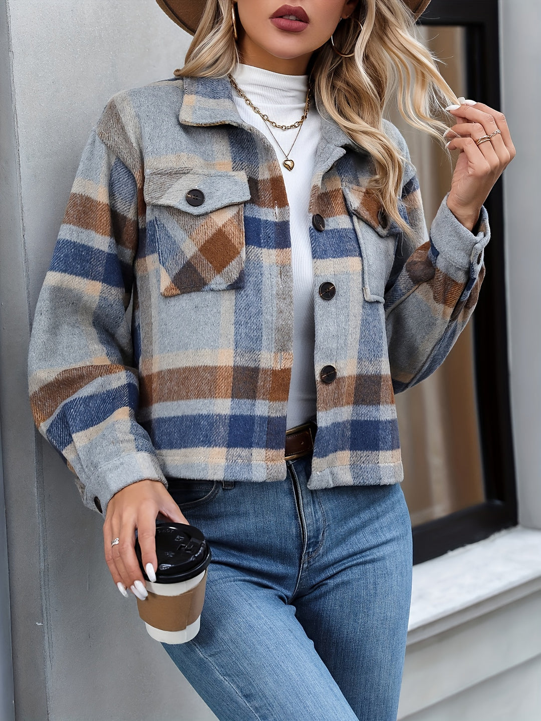 Blue Cropped Checkered Shacket