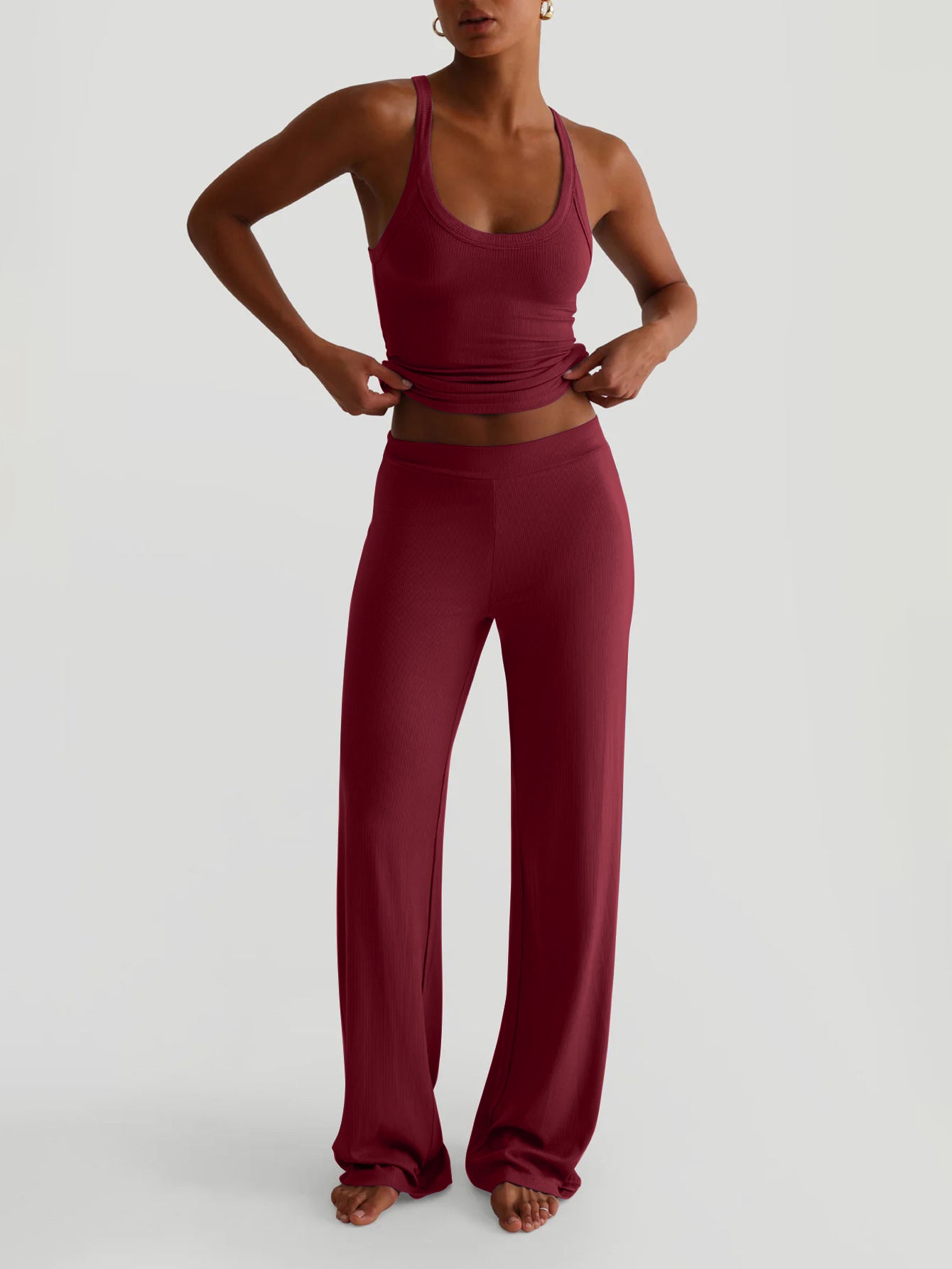 Wine Shoulder Strap Solid Top And Pant Set