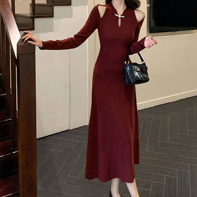 Red Fit And Flare Dress With Cut Out Shoulder