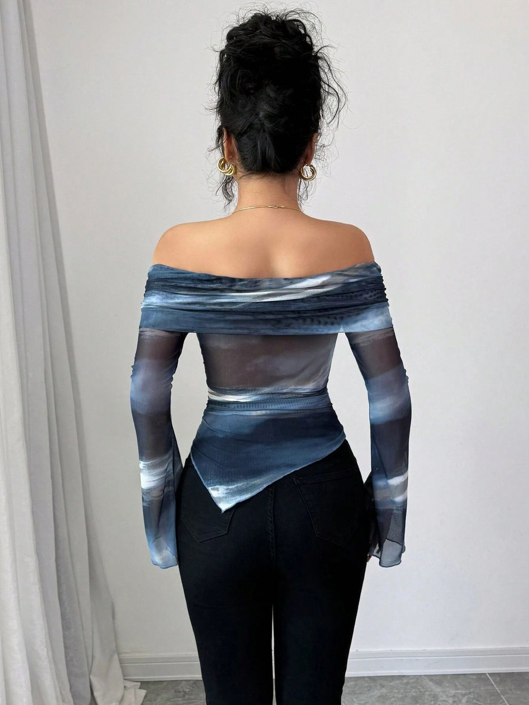 Blue Bell Sleeve Off Shoulder Asymmetrical Top