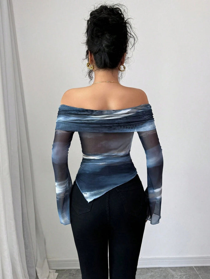 Blue Bell Sleeve Off Shoulder Asymmetrical Top