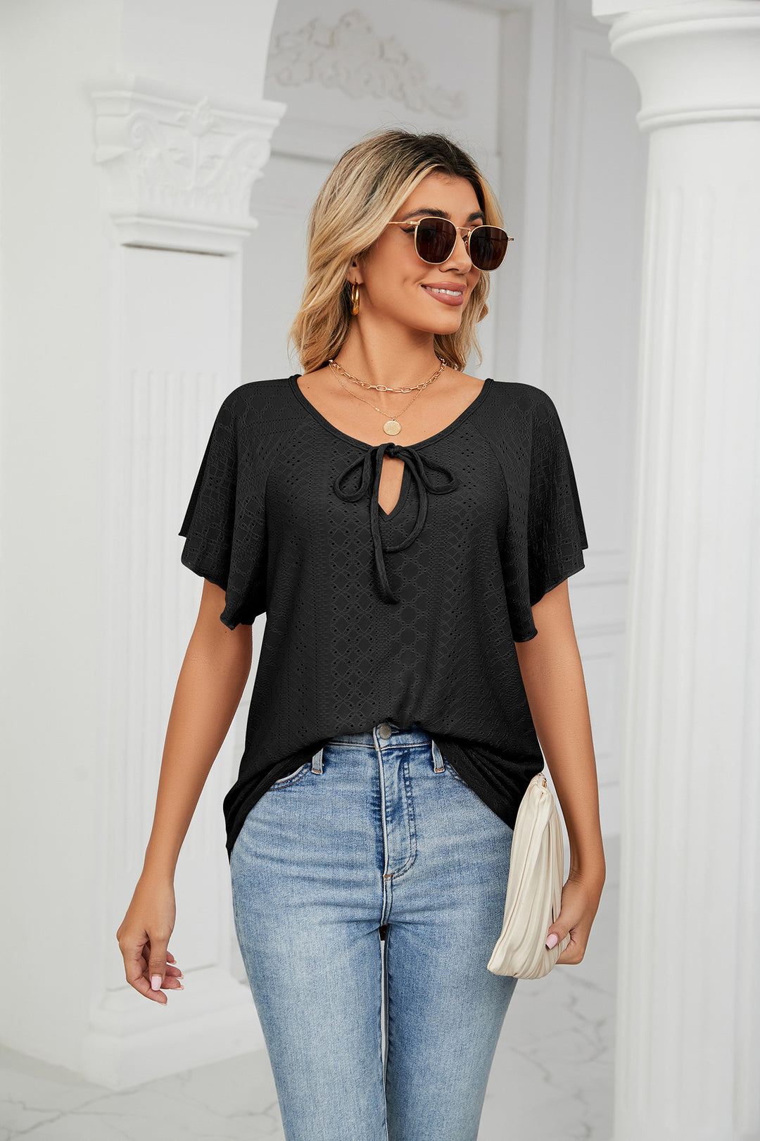 Black Flared Sleeves Tie Up Top