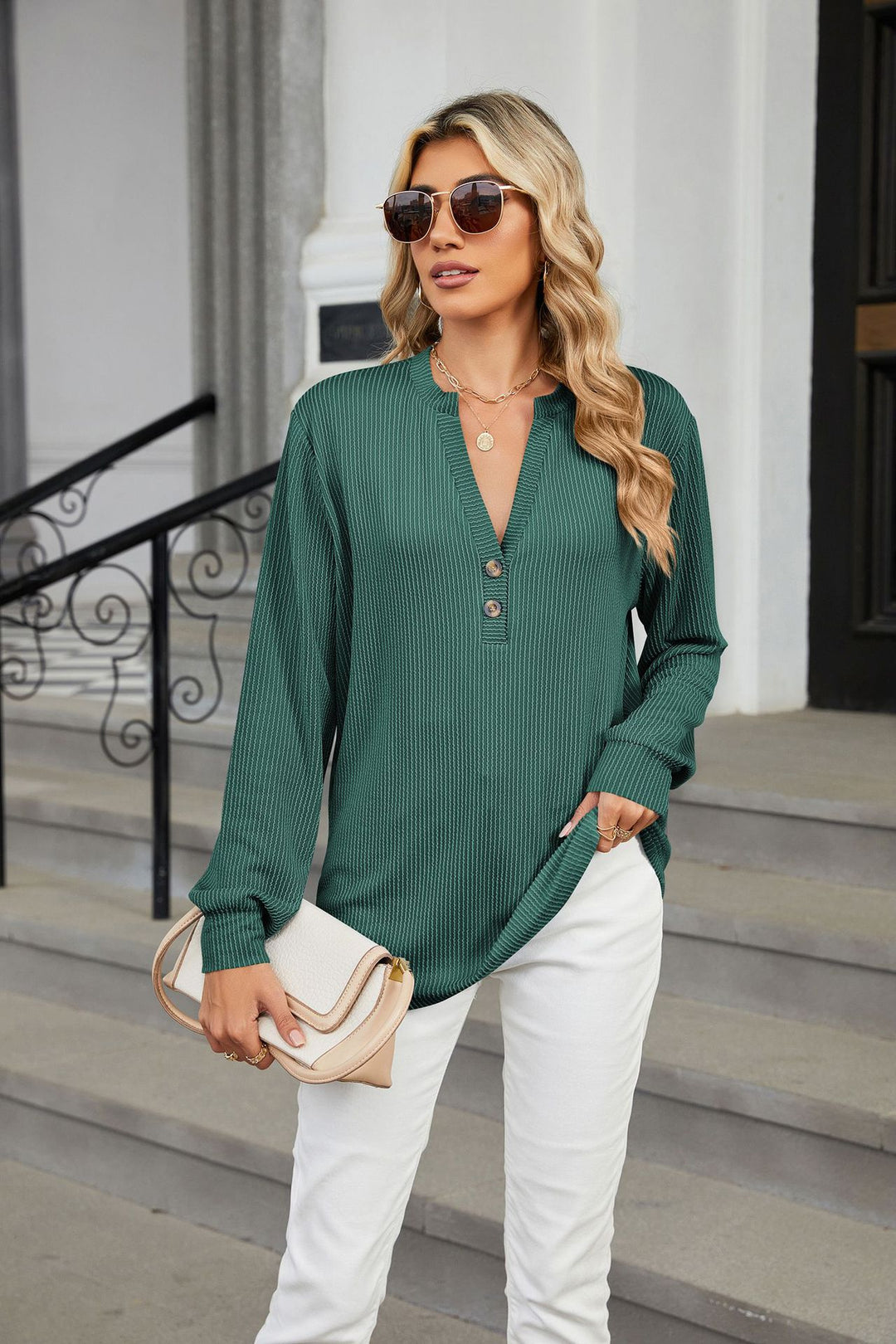 Dark Green Full Sleeves V Neck Top