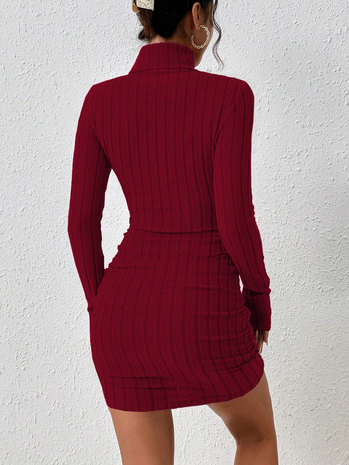 Wine Full Sleeved High Neck Bodycon Dress