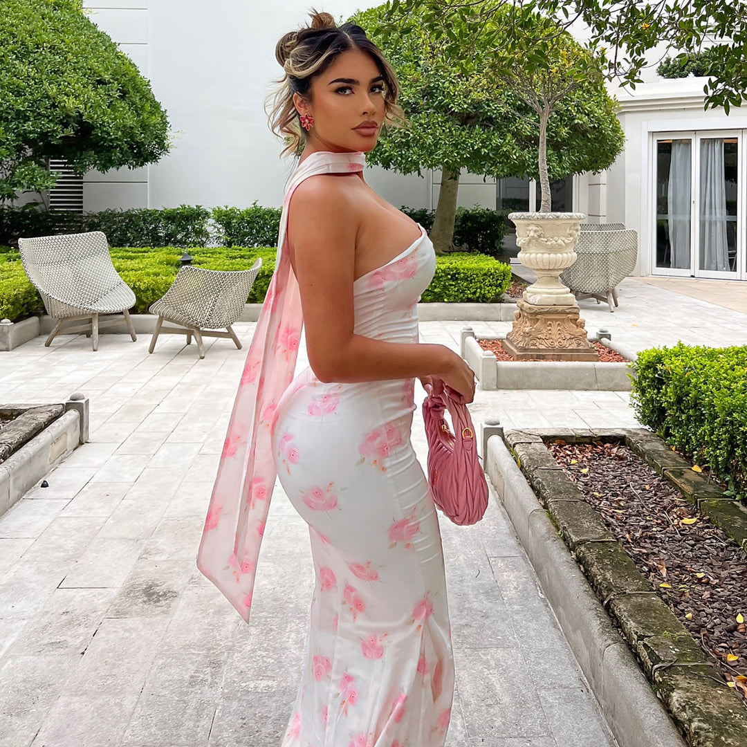 Pink Printed Strapless Bodycon Dress
