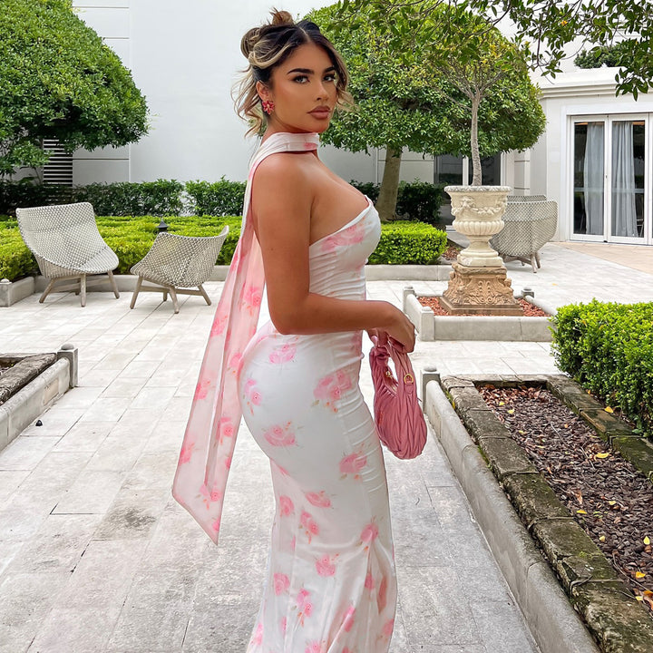 Pink Printed Strapless Bodycon Dress
