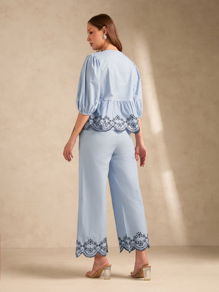 Blue Contrast Schiffli Regular Fit Shirt With Trouser