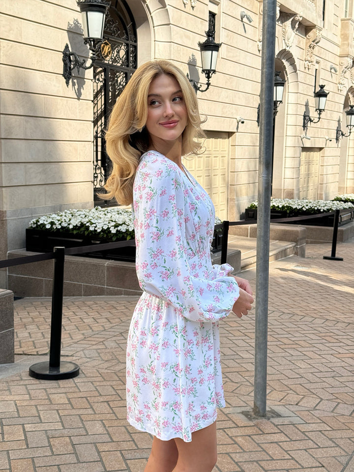 White Bishop Sleeve V Neck Dress