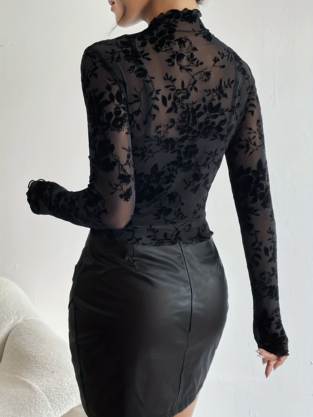 Black Full Sleeve High Neck Mesh Top