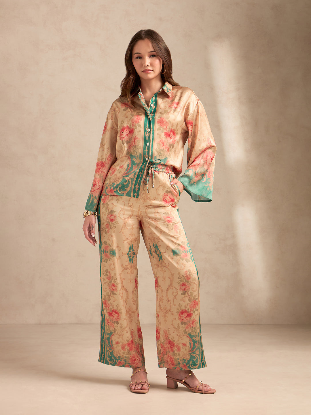 Peach Relax Fit Printed Satin Shirt With Wide Leg Trousers Set