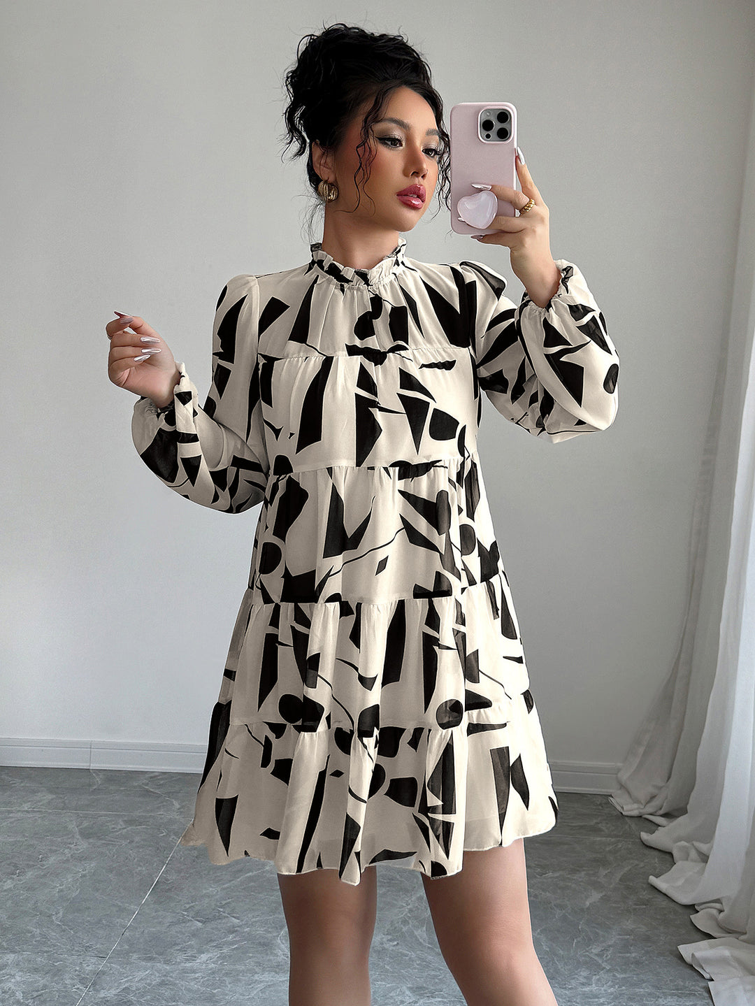 Cream High Neck Printed Skater Mini Dress