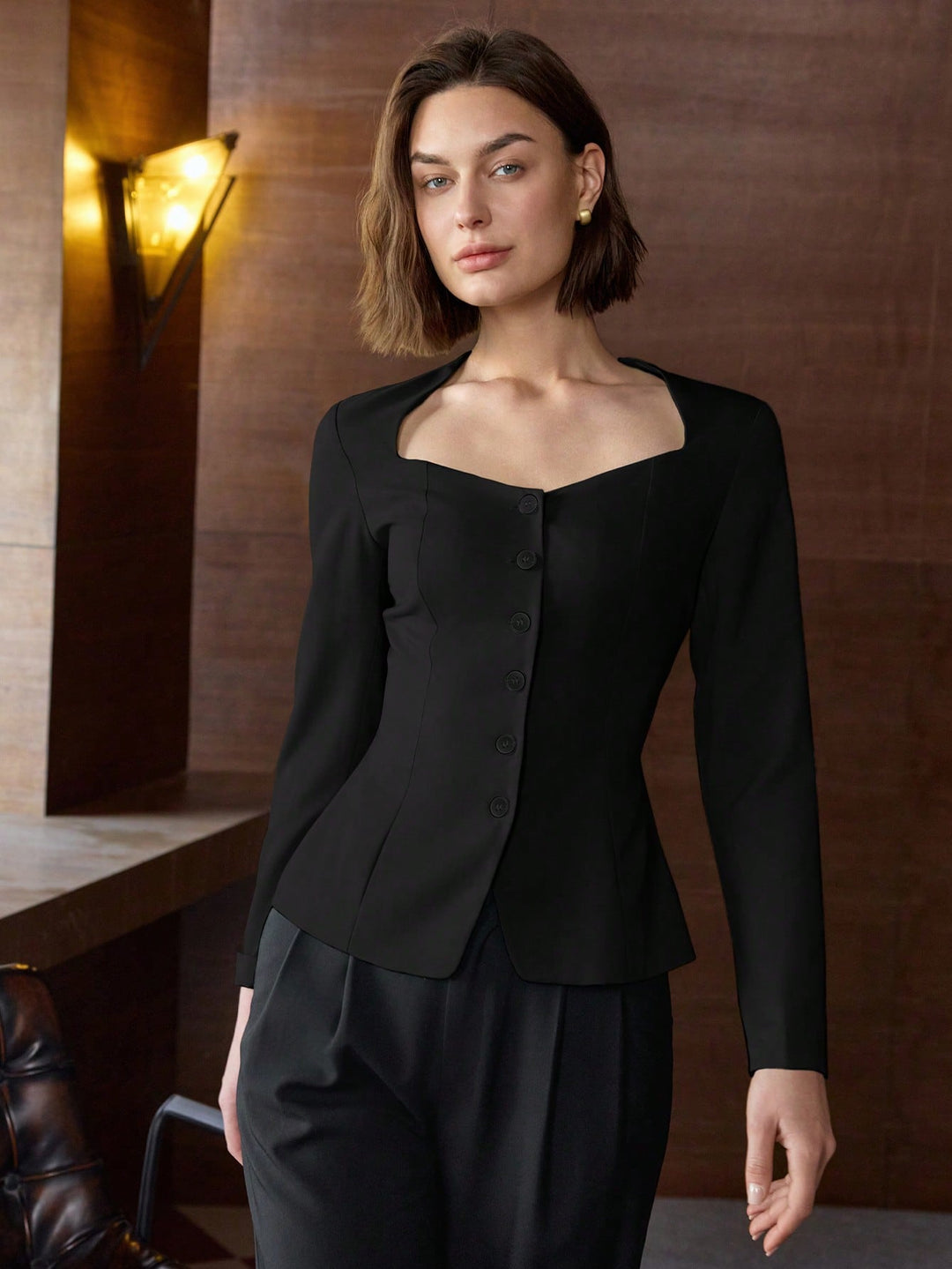 Black Long Sleeve Front Button Top