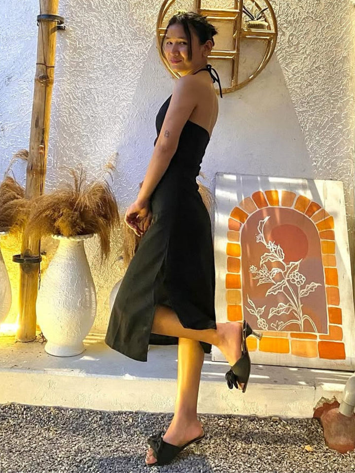Solid Black Keyhole Neck Dress