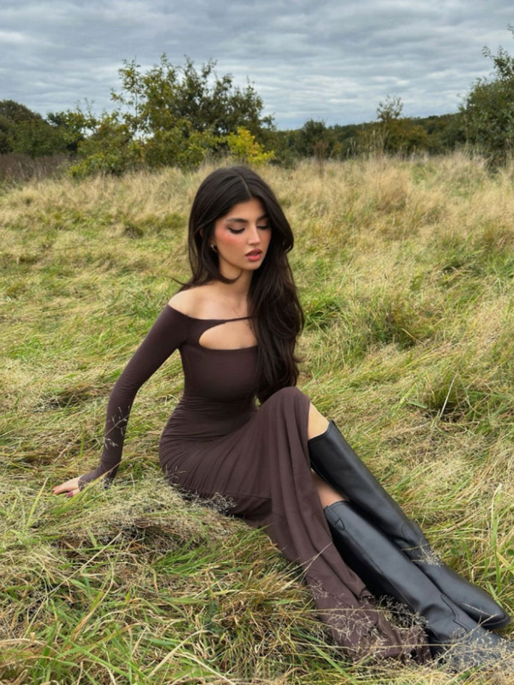 Brown Full Sleeve Front Detail Slit Dress