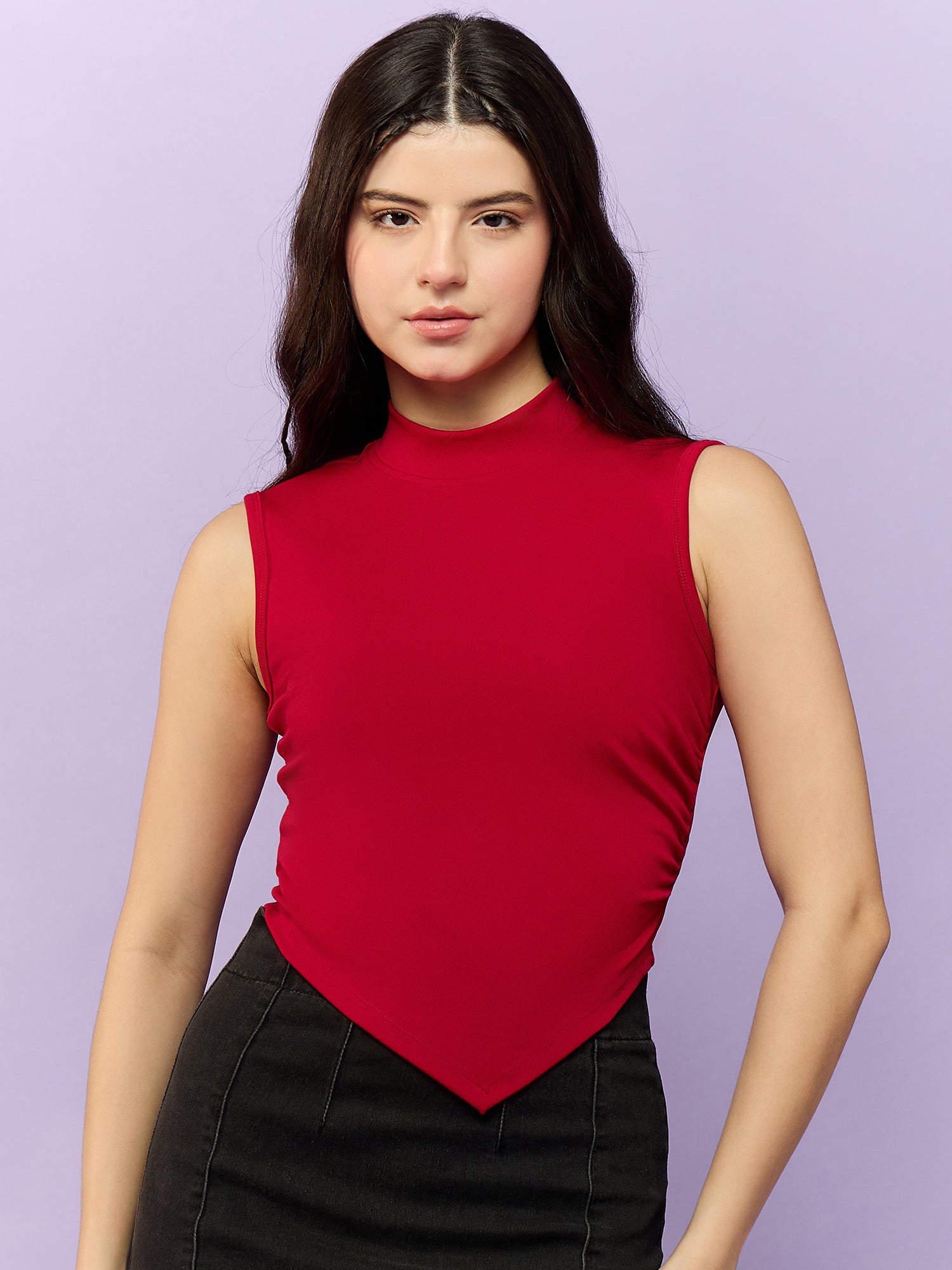 Red High Neck Side Ruched Top