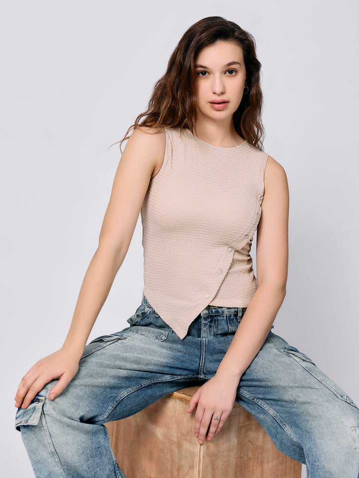 Beige Textured Assymetric Hem Tank