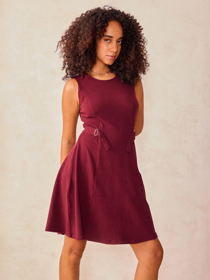 Wine Mini Flared Dress With Buckle Detail At Waist